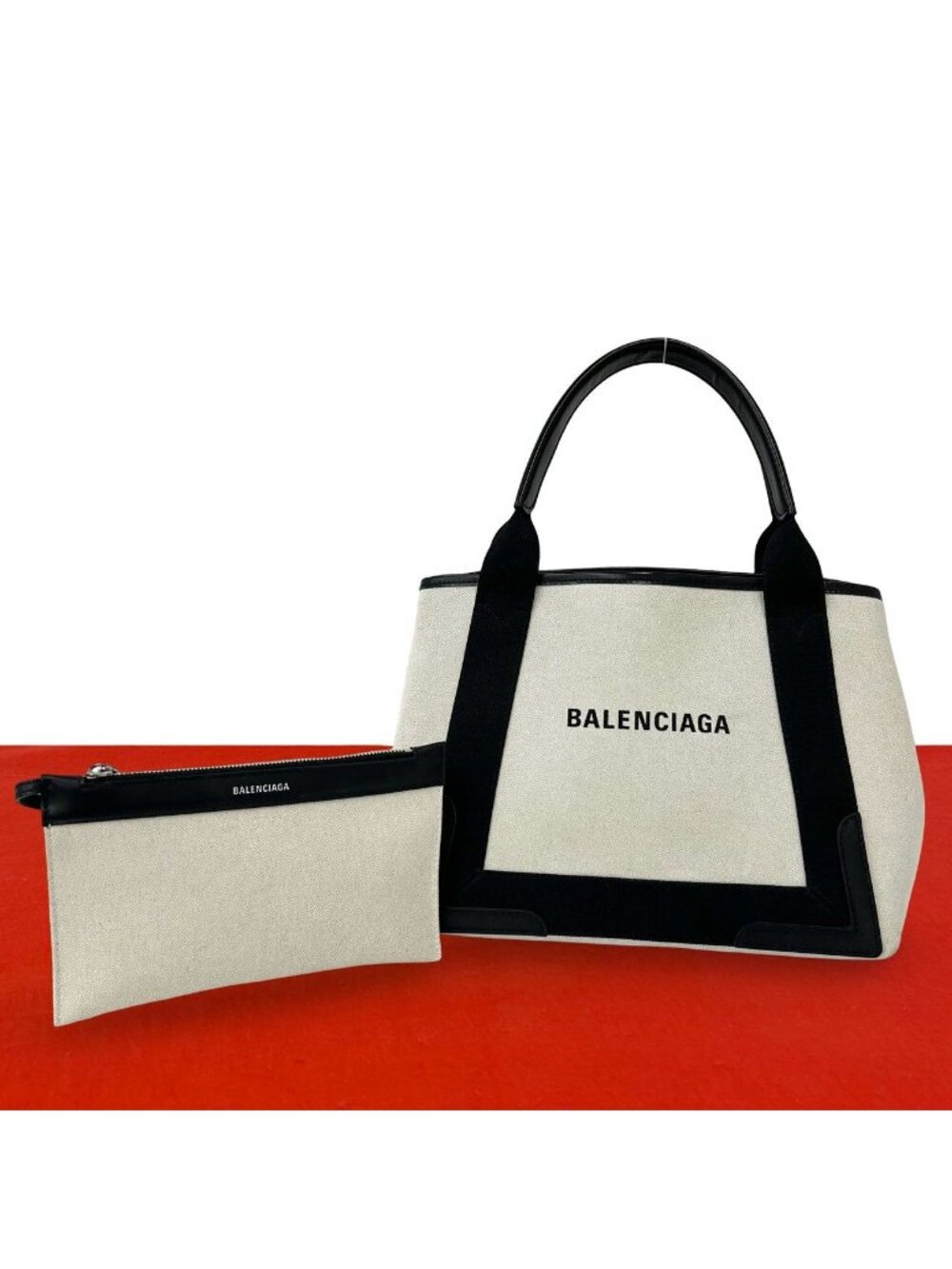 Balenciaga Navy Cabas Canvas Leather Tote Bag Ivory Black